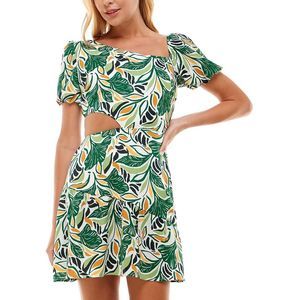 City Studio Green White Yellow Leaf-Print Cutout Mini Dress
